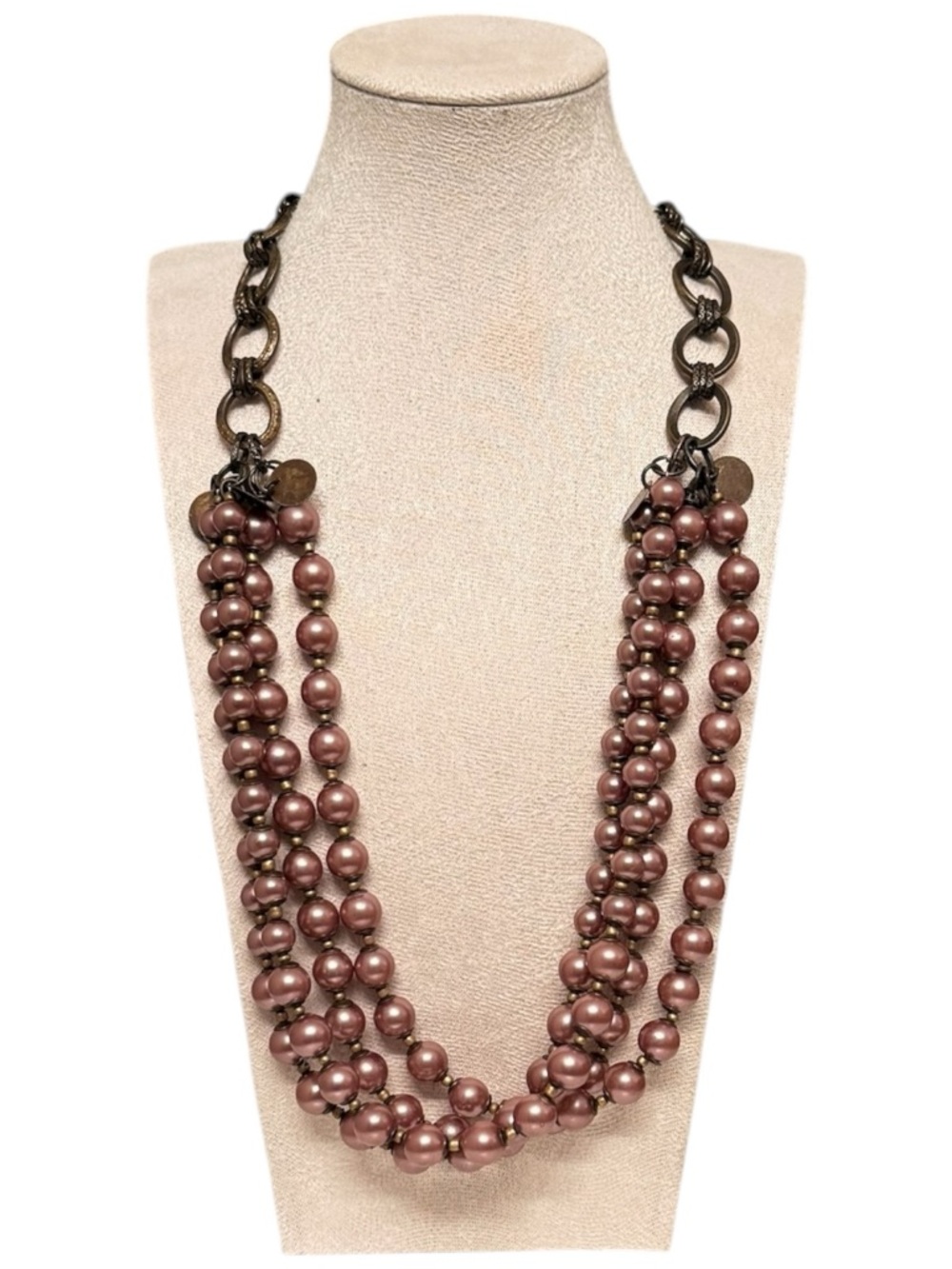 Statement Multi-Strand Mocha Mauve Beaded Necklace | Chunky Chain Accent